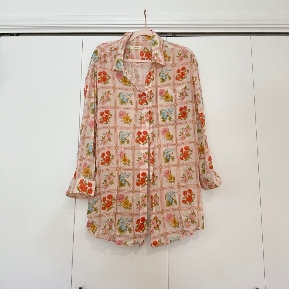 Spell Cream and Tan 3/4 Sleeve Notched Collar Top